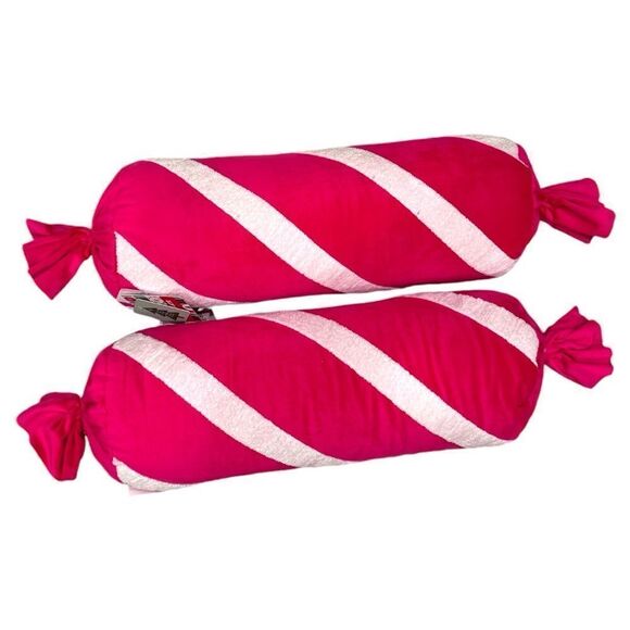 Set of 2 Novogratz Bright Fucsia Pink and White Rolled Christ as Candy Pillows - Picture 1 of 7